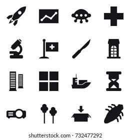 16 vector icon set : rocket, statistic, ufo, building, skyscrapers, window, trees, package, bug