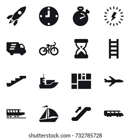 16 vector icon set : rocket, clock, stopwatch, lightning, delivery, bike, stairs, plane, train, sail boat, escalator