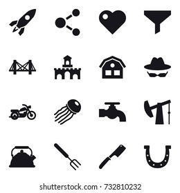 16 vector icon set : rocket, molecule, heart, funnel, bridge, fort, house, motorcycle, jellyfish, water tap, kettle, big fork, chef knife, horseshoe
