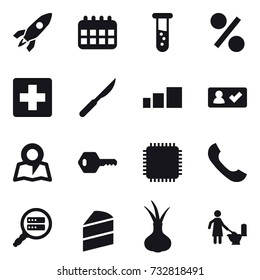 16 vector icon set : rocket, calendar, vial, percent, check in, map, key, toilet cleaning