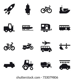 16 vector icon set : rocket, spark plug, bike, train, trailer, bus, motorcycle, transfer, plow, pickup, tractor, sweeper, car wash