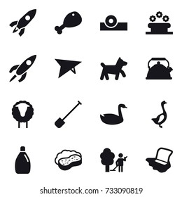 16 vector icon set : rocket, chicken leg, flower bed, deltaplane, dog, kettle, sheep, shovel, goose, cleanser, sponge with foam, garden cleaning, floor washing