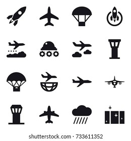 16 vector icon set : rocket, plane, parachute, weather management, lunar rover, journey, airport tower, airplane, rain cloud, clean  window