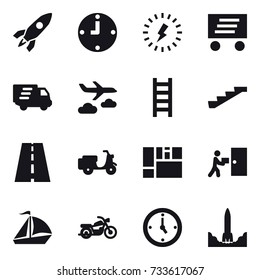 16 vector icon set : rocket, clock, lightning, delivery, journey, stairs, sail boat, motorcycle, watch