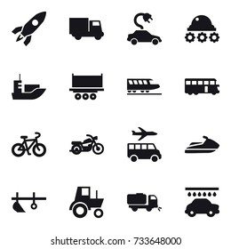 16 vector icon set : rocket, truck, electric car, lunar rover, train, bus, bike, motorcycle, transfer, jet ski, plow, tractor, sweeper, car wash