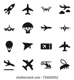16 vector icon set : rocket, plane, drone, journey, air ballon, deltaplane, ticket, airplane, arrival, wasp