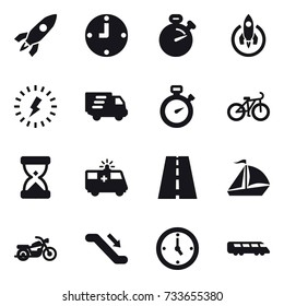 16 vector icon set : rocket, clock, stopwatch, lightning, delivery, bike, sail boat, motorcycle, escalator, watch