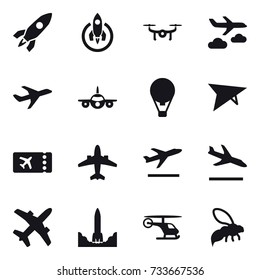 16 vector icon set : rocket, drone, journey, air ballon, deltaplane, ticket, airplane, departure, arrival, wasp