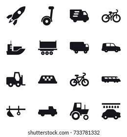 16 vector icon set : rocket, delivery, bike, taxi, plow, pickup, tractor, car wash