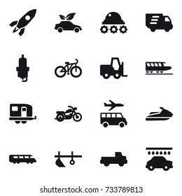 16 vector icon set : rocket, eco car, lunar rover, delivery, spark plug, bike, train, trailer, motorcycle, transfer, jet ski, plow, pickup, car wash