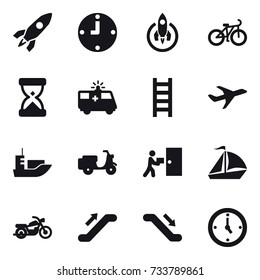 16 vector icon set : rocket, clock, bike, stairs, sail boat, motorcycle, escalator, watch