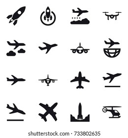 16 vector icon set : rocket, weather management, drone, journey, plane, airplane, departure, arrival