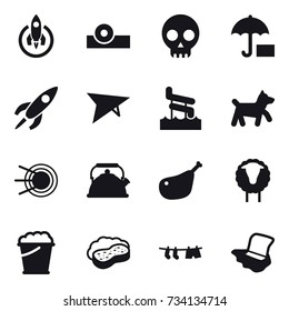16 vector icon set : rocket, deltaplane, aquapark, dog, kettle, sheep, foam bucket, sponge with foam, drying clothe, floor washing