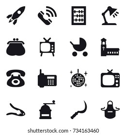 16 vector icon set : rocket, call, abacus, table lamp, purse, tv, baby stroller, church, disco ball, walnut crack, hand mill, sickle, apron