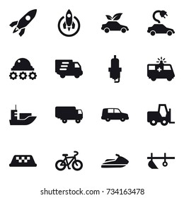 16 vector icon set : rocket, eco car, electric car, lunar rover, delivery, spark plug, taxi, bike, jet ski, plow