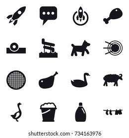 16 vector icon set : rocket, message, chicken leg, aquapark, dog, goose, sheep, foam bucket, cleanser, drying clothe