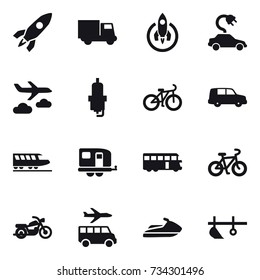 16 vector icon set : rocket, truck, electric car, journey, spark plug, bike, train, trailer, bus, motorcycle, transfer, jet ski, plow