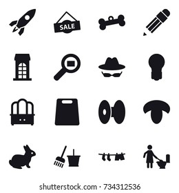 16 vector icon set : rocket, sale, bone, pencil, building, bulb, dresser, cutting board, mushroom, rabbit, bucket and broom, drying clothe, toilet cleaning