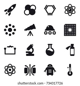 16 vector icon set : rocket, atom core, hex molecule, atom, round around, telescope, lunar rover, cpu, electrostatic, thermometer