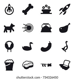 16 vector icon set : rocket, flower bed, dog, kettle, sheep, goose, eggplant, foam bucket, sponge with foam, drying clothe, floor washing