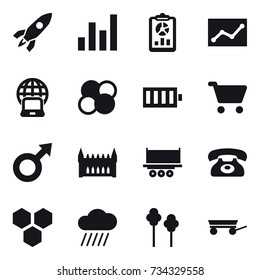 16 vector icon set : rocket, graph, report, statistic, notebook globe, atom core, battery, cart, gothic architecture, phone, honeycombs, rain cloud, trees, trailer