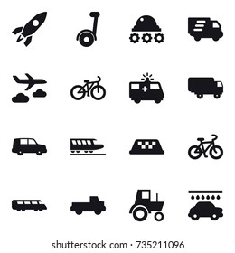 16 vector icon set : rocket, segway, lunar rover, delivery, journey, bike, train, taxi, pickup, tractor, car wash