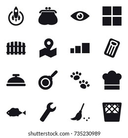 16 vector icon set : rocket, purse, window, fence, inflatable mattress, service bell, pan, pets, cook hat, wrench, broom, trash bin
