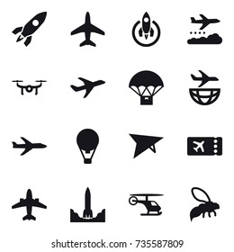 16 vector icon set : rocket, plane, weather management, drone, air ballon, deltaplane, ticket, airplane, wasp
