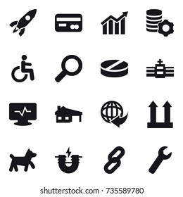 16 vector icon set : rocket, card, diagram, virtual mining, house with garage, dog, wrench
