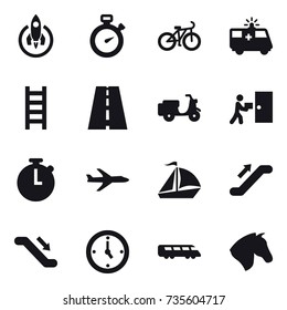 16 vector icon set : rocket, stopwatch, bike, stairs, plane, sail boat, escalator, watch, horse