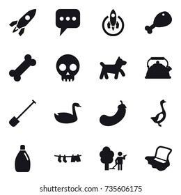 16 vector icon set : rocket, message, chicken leg, dog, kettle, shovel, goose, eggplant, cleanser, drying clothe, garden cleaning, floor washing