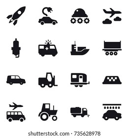 16 vector icon set : rocket, electric car, lunar rover, journey, spark plug, trailer, taxi, transfer, tractor, sweeper, car wash