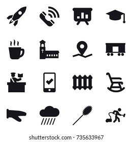 16 vector icon set : rocket, call, presentation, graduate hat, hot drink, church, inspector, mobile checking, radiator, rocking chair, cook glove, rain cloud, duster, vacuum cleaner