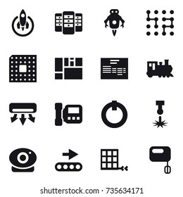 16 vector icon set : rocket, server, jet robot, chip, cpu, train, air conditioning, intercome