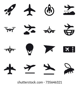 16 vector icon set : rocket, plane, weather management, drone, journey, air ballon, deltaplane, ticket, airplane, departure, arrival, wasp