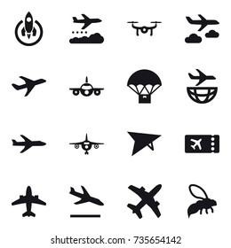 16 vector icon set : rocket, weather management, drone, journey, plane, deltaplane, ticket, airplane, arrival, wasp