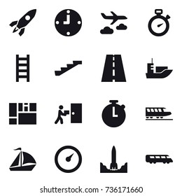 16 vector icon set : rocket, clock, journey, stopwatch, stairs, train, sail boat, barometer