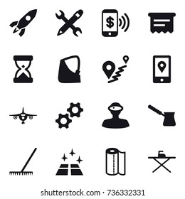 16 vector icon set : rocket, pencil wrench, phone pay, atm receipt, plane, turk, rake, clean floor, paper towel, iron board