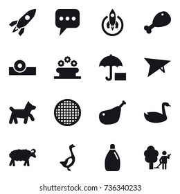 16 vector icon set : rocket, message, chicken leg, flower bed, dog, goose, sheep, umbrella, cleanser, garden cleaning