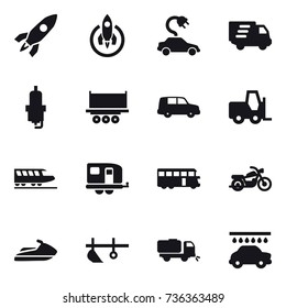 16 vector icon set : rocket, electric car, delivery, spark plug, train, trailer, bus, motorcycle, jet ski, plow, sweeper, car wash