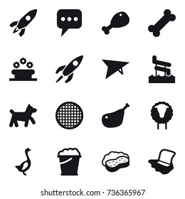 16 vector icon set : rocket, message, chicken leg, flower bed, deltaplane, aquapark, dog, sheep, goose, foam bucket, sponge with foam, floor washing