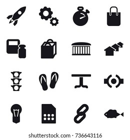 16 vector icon set : rocket, gear, stopwatch, shopping bag, scales weight, airport building, houses, flip-flops, table