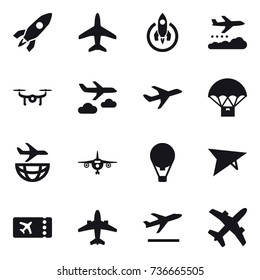 16 vector icon set : rocket, plane, weather management, drone, journey, air ballon, deltaplane, ticket, airplane, departure