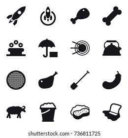 16 vector icon set : rocket, chicken leg, flower bed, kettle, shovel, eggplant, sheep, foam bucket, sponge with foam, floor washing