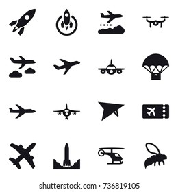 16 vector icon set : rocket, weather management, drone, journey, plane, deltaplane, ticket, wasp