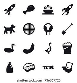 16 vector icon set : rocket, chicken leg, flower bed, dog, sheep, shovel, goose, eggplant, foam bucket, cleanser, sponge with foam, drying clothe, floor washing