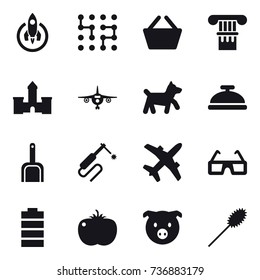 16 vector icon set : rocket, chip, basket, column, castle, plane, dog, service bell, scoop, pig, duster