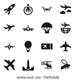 16 vector icon set : rocket, drone, journey, plane, air ballon, ticket, airplane, wasp