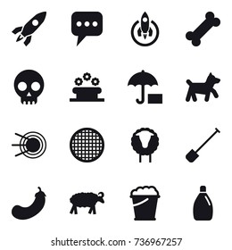16 vector icon set : rocket, message, flower bed, dog, sheep, shovel, eggplant, foam bucket, cleanser