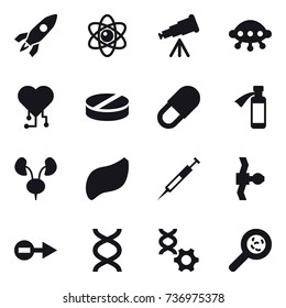 16 vector icon set : rocket, atom, telescope, ufo, cardio chip, viruses